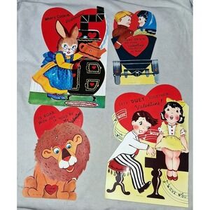 Vintage Mechanical Valentine's Cards Lot of 4 Mid-Century Movable Die Cut Unused